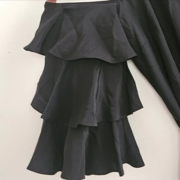 REVOLVE AMANDA UPRICHARD BLACK SILK COLD SHOULDER RUFFLE SLEEVE BELTED DRESS - Picture 7 of 12